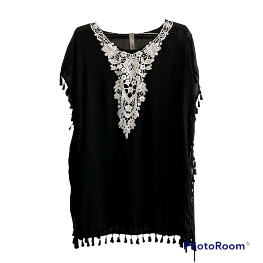 SHEIN Womens M Black Sheer Poncho White Crochet Lace Tassel Swim Cover Up